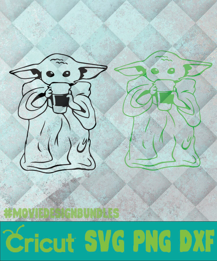 Green And Black Baby Yoda Drinking Coffee Svg Png Dxf Clipart For Cricut Movie Design Bundles